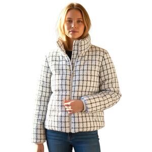 Jason Wu NWT Ivory Black Tweed Plaid Cropped Zip Puffer Coat-Medium